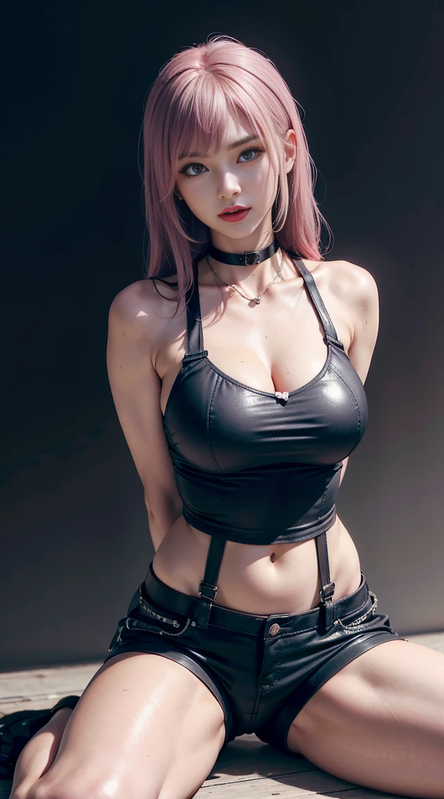 sfw, (absurdres, 8k, 4k, masterpiece, hyper extreme detailed:1.2), solo, 1girl, front view, perfect face, 1girl, portrait, expressive eyes, looking at viewer, solo, standing, mature female, pale, adult, looking forward, front view, confident, wind, windy, moving hair, front view, mature body, tomboy, adult, long pink hair, black shorts, yellow belt, waist jacket, dark blue, medium bust, black wrist cuffs, black pupils, dark pink irises, hair down to back, egotistical, powerful, strong, proud, arrogant, ripped clothes, right hand on hip, streetwear, fashionable, crazy face, crazy eyes, crazy smile, right bangs, necklace, bound, bondage, (arms behind back:1.4), bdsm, tape gag, tape, tape bondage, close-up, restrained, best anatomy, full body, tape wrapped, wrap gag, bondage, sitting down, wearing bra,((skinny waist)), young asian girl, ((big breasted)),