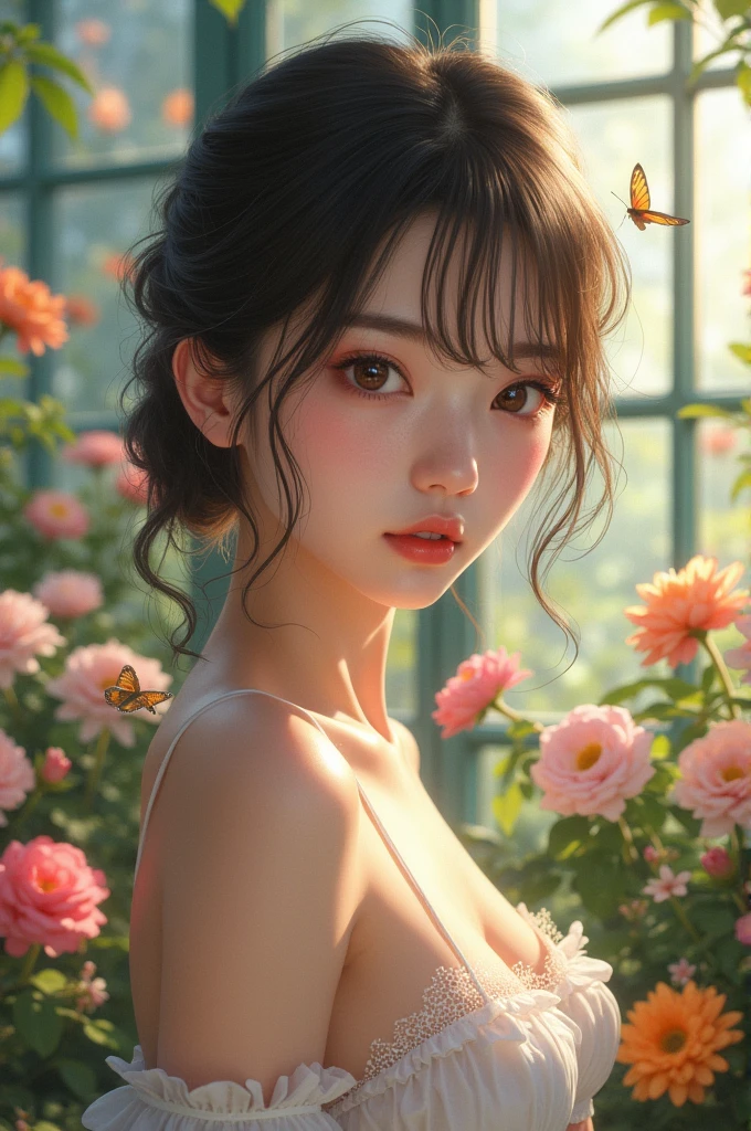 Very delicate and beautiful, wonderful, In detail, masterpiece, Very detailed, High resolution,Best shot, Best Shadow,Complex,Sharp focus, high quality, Japanese female 1 person, alone.cute,Fuka Koshiba,Yuki Sakurai,Seira=trout, Glass greenhouse, Potted flowers, Flowers for sale, Woman looking at flowers, Flowers are blooming everywhere, Lens flare,Sleeveless,Beautiful breasts,butterfly,Cool eyes,Glossy lips,smile,Glossy skin,Transparent skin