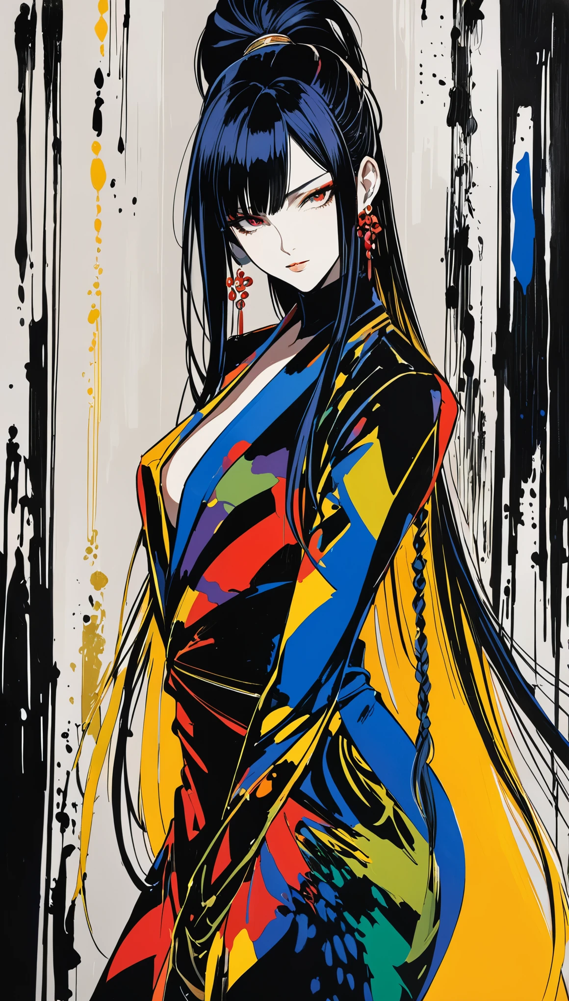 in style of Hans Hartung,in style of Adrian Ghenie -【painting】-,in style of Brandon Mably
character concept design,1girl,extreme elegance,extremely detailed,extreme depravity,extreme charm,ojou-sama posture,incredibly long hair,half body,high ponytail braid