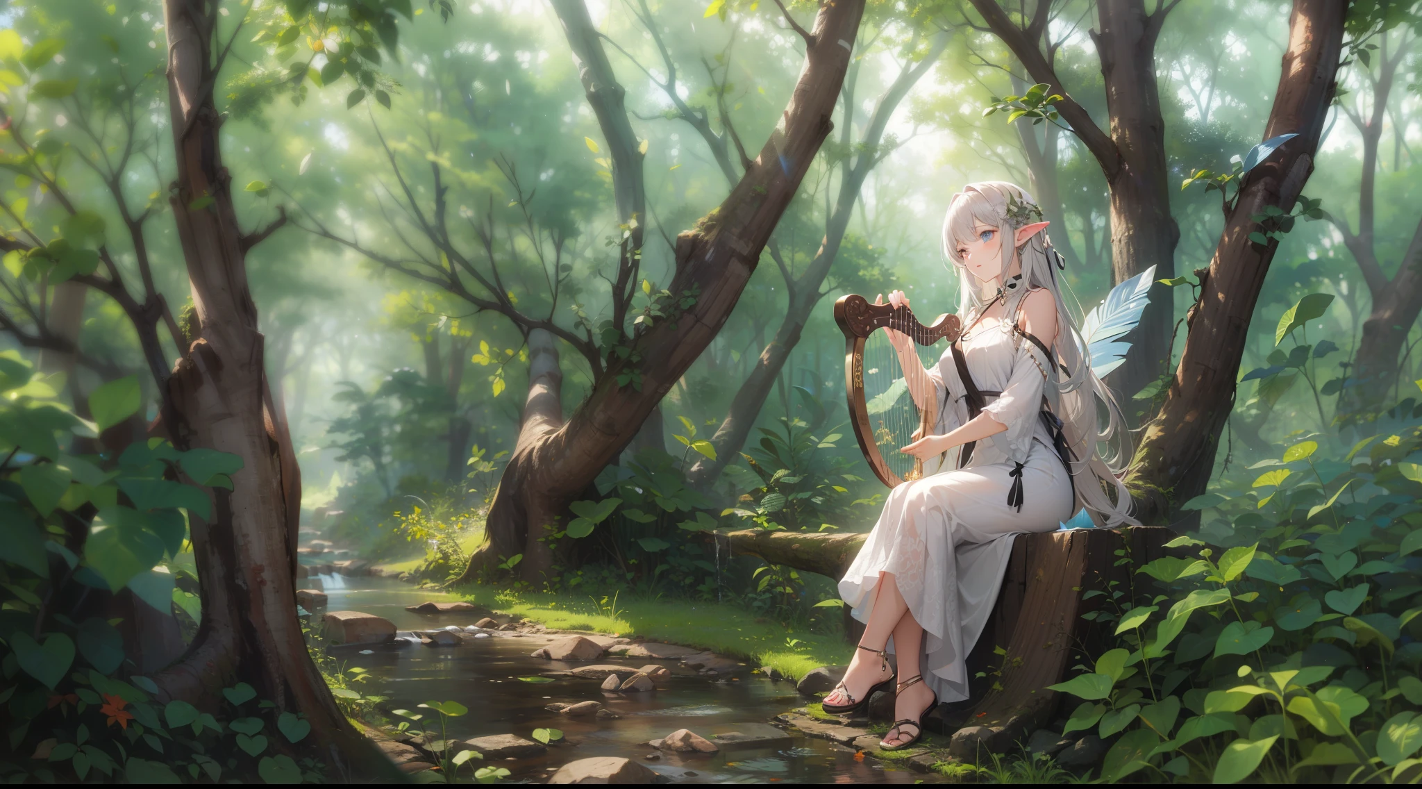 masterpiece, best quality, high quality, detailed, ultra detailed, hyper detailed, insanely detailed, exquisite, beautiful, FHD, Full-HD, 4K, 8K, 16K, highres, absurdres, forest, 1woman, Elf woman playing harp, meditating, intelligent, sitting, long hair, brown hair, silver hair, blue eyes, pale skin, fair skin, in the forest, with a tree, fantasy, beautiful, full body shot, lens flare, dust effect,five fingers