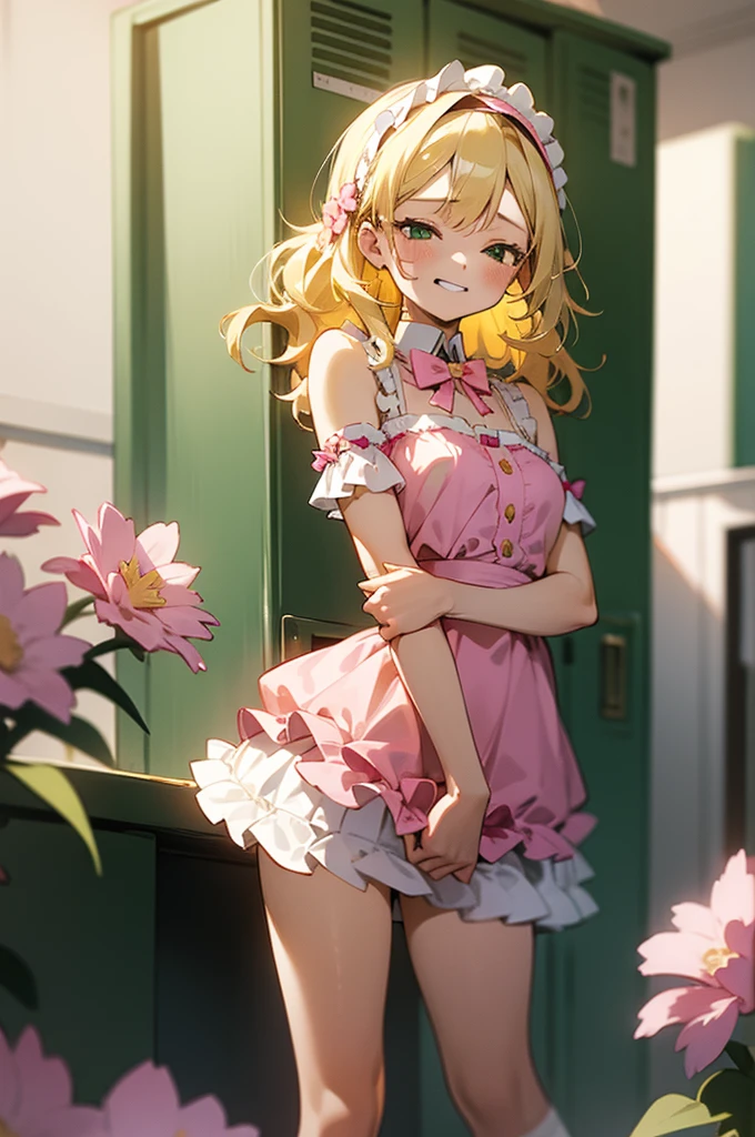 masterpiece,Highest quality, Super detailed,One girl(Sakurai Momoka, Adorable little breasts, Wavy Hair,Blonde, head band,  Pink flowers in the hair,Green Eyes,  Half-closed eyes), Evil Face, Grin, 
In-person audience , View your viewers, alone, Gold Dress(Glamorous Dress), Bare shoulders, Frills, bow, Skirt flip, White panties, White lace knee socks, In the locker room, Are standing,  Seduce your sexy waist, Skirt flip, Love juices flowing from her vagina ,