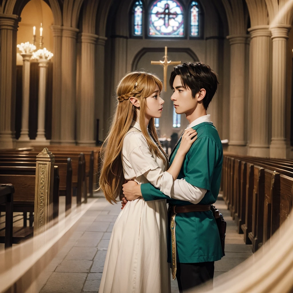 Vivid depiction、3DCG、Clear photos、zelda and link、Face to face, stare at each other、Depiction of the upper body、The background is inside the church、