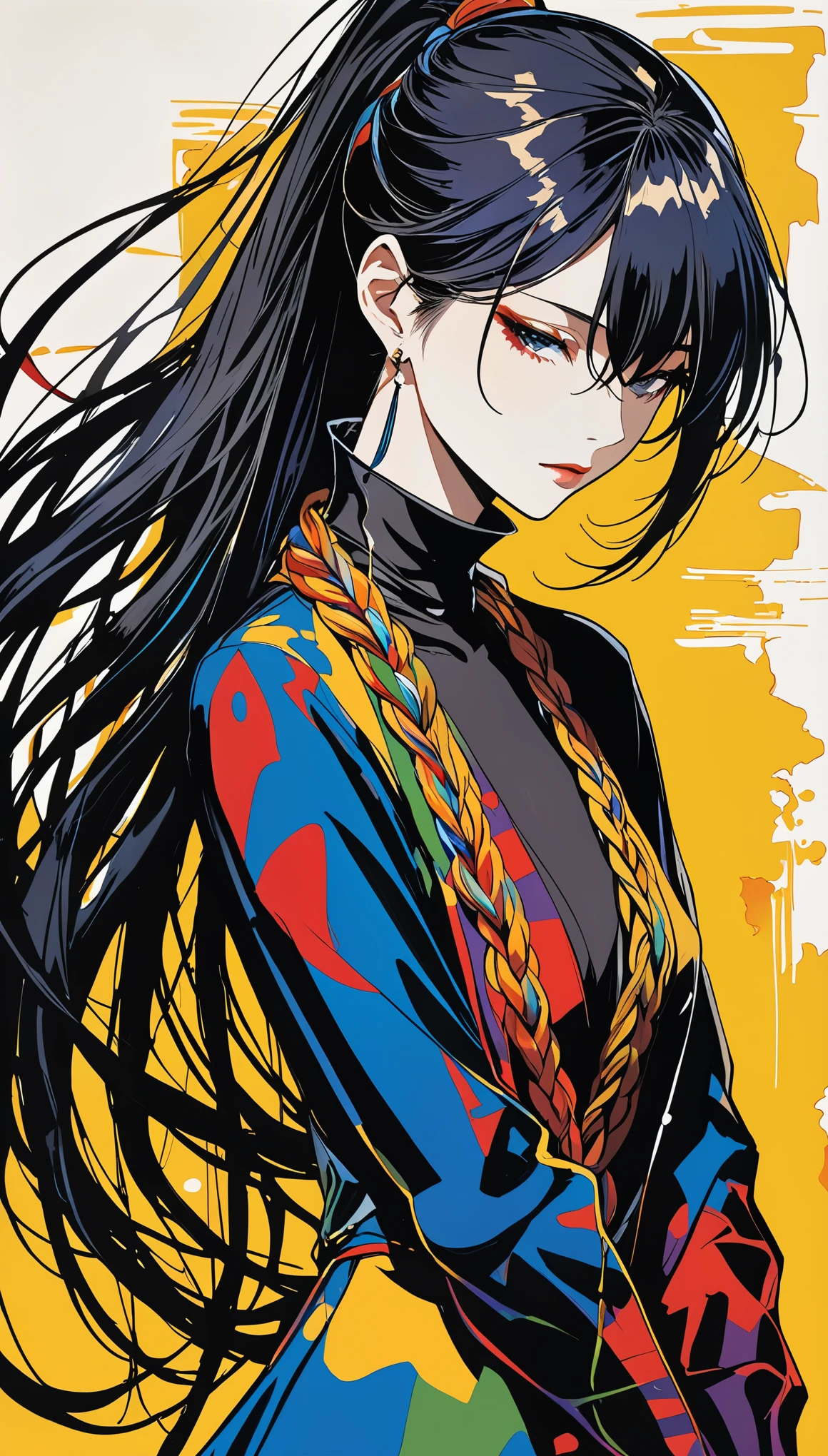 in style of Hans Hartung,in style of Adrian Ghenie -【painting】-,in style of  Brandon Mably
character concept design,1girl,extreme elegance,extremely detailed,extreme depravity,extreme charm,ojou-sama posture,incredibly long hair,half body,high ponytail braid