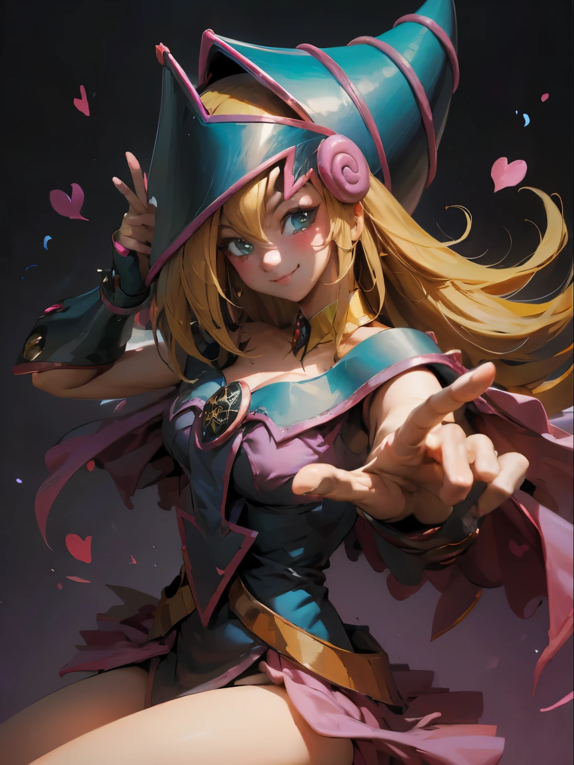 dark magician gils. Making the peace and love sign with his fingers, smile . Magic of hearts in the air. Sensual and seductive pose. Mystical magic background 