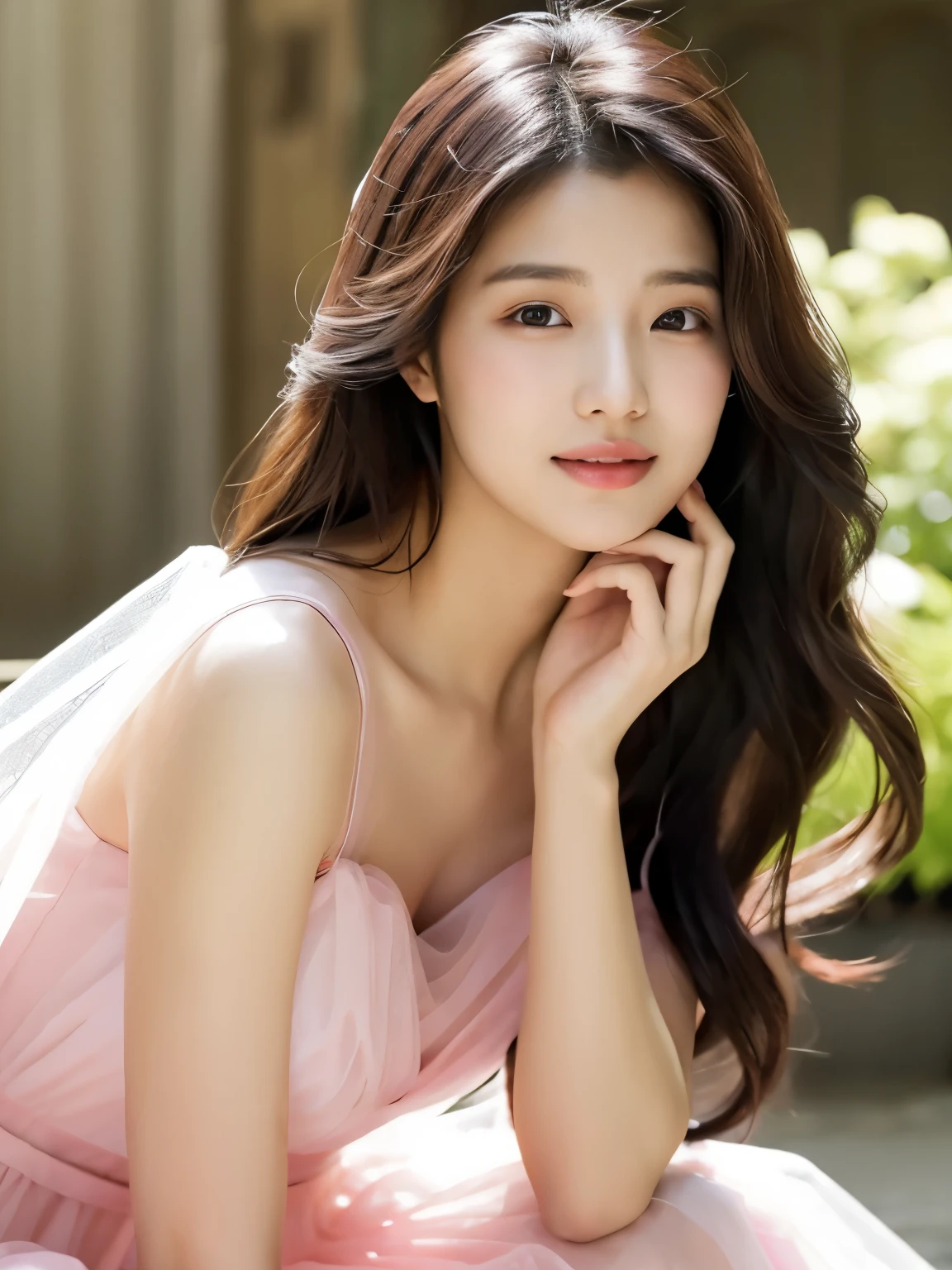 arafed woman in a pink dress posing for a picture, bae suzy, translucent dress, ethereal and dreamy, dreamy and ethereal, lee ji-eun, lee ji - eun, jinyoung shin, heonhwa choe, wearing organza gown, beautiful young korean woman, gorgeous young korean woman, jaeyeon nam, beautiful south korean woman, seseon yoon, random body orientation,