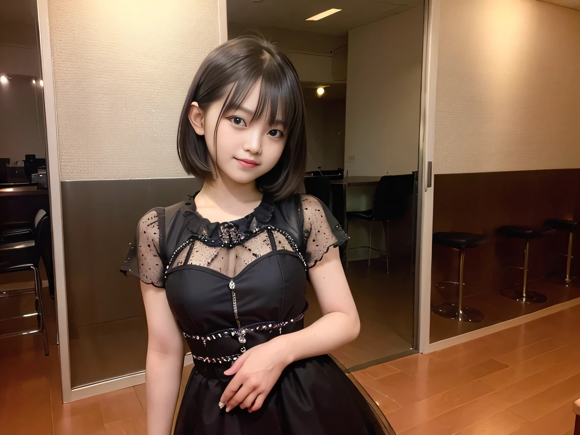 (Highest quality, masterpiece, Ultra-high resolution, 8k, RAW Photos, Realistic, Anatomically correct:1.5), 20-year-old girl:1.2, Embarrassing, avert your eyes, blush:1.0, View Viewer, ((bar)) 、Large windows、Night view、 Light:1.2, Bokeh, Cinema Lighting:1.0, Depth of written boundary, sharp、 Cute Face、Idol、(Black short sleeve lace top)、(Black tulle skirt)、”dwarf”、(Floral clothes)、(Full Body Shot)、(Side angle)、Cowboy Shot、(( smile))、((Ultra short hair、Berry Short))、(Straight bangs)、((See-through))、(( One Girl))、Waist、I can see your thighs、Shot from behind、Sexy pose、