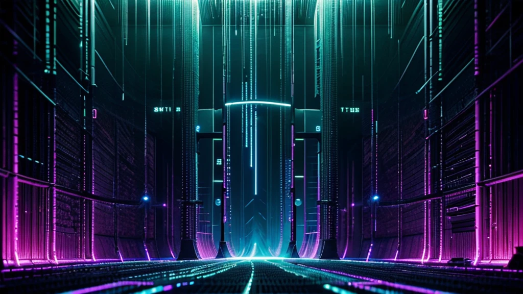 a sci-fi tunnel, vortex blurred neon lights, abstract art, close-up matrix code cascading, wire frame dark background