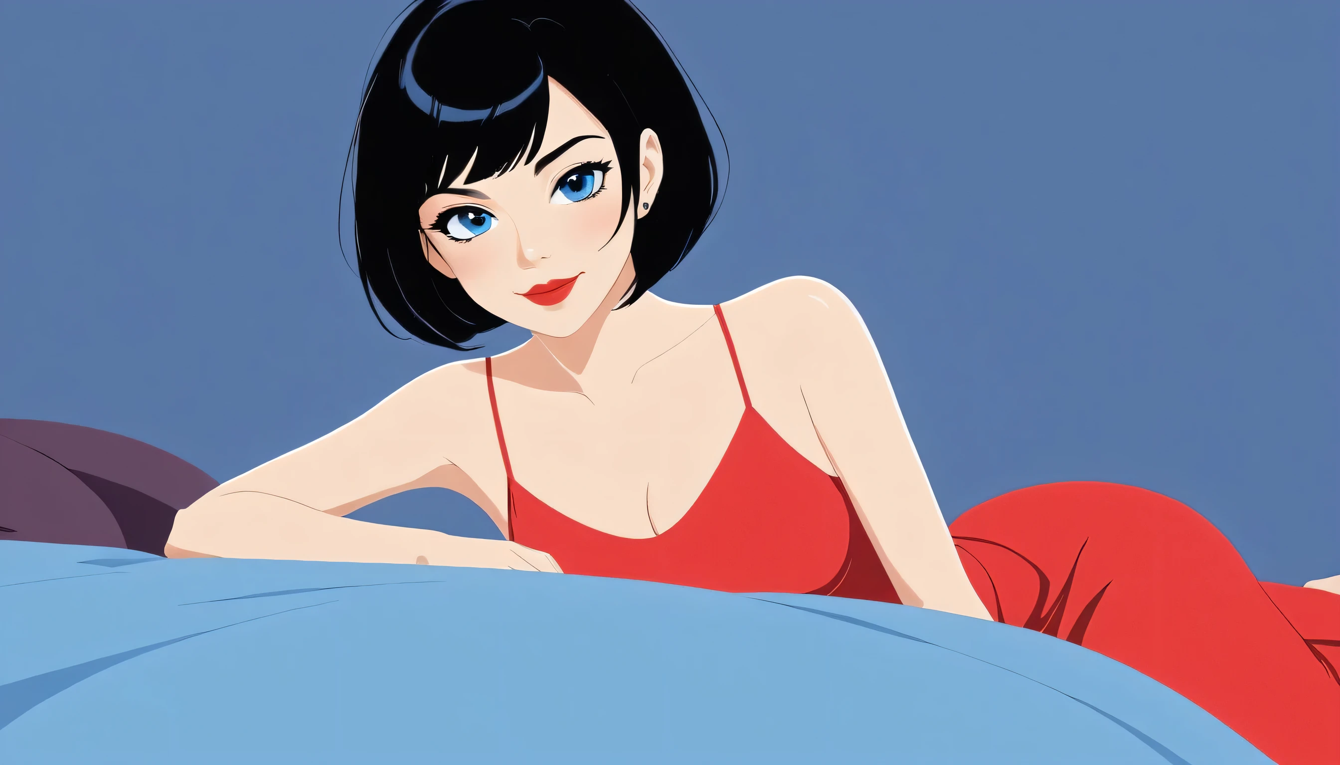 Vector illustration, girl, cleavage, minimalist, flat color , A Female with bob black haircut with blue eyes and Red lips, bare shoulders, red dress, taut dress, spaghetti strap red dress, sleeveless, medium breast, sitting on her blue sheet bed in her bedroom, 1 girl, solo, close up portrait, looking at viewers, seductive smile