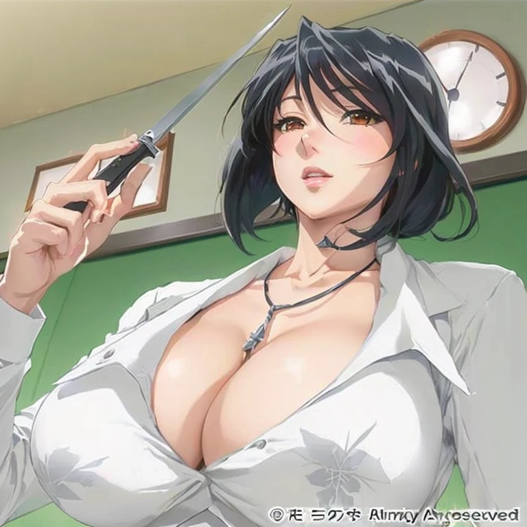 Anime image of a woman with a knife in her hand., seductive anime girl, Fubuki, OPPAI, anya from the spy family x, king hiroe black lagoon branch, Inspired by Kusumi Morikage, Misato Katsuragi, Nishimiya Shouko, big breasts!, big breasts!!, mamimi samejima, maya fey from ace lawyer