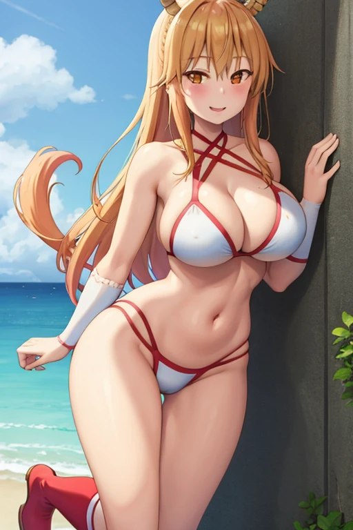 masterpiece, best quality, beautiful art, high resolution, well formed hands, body and fingers, 1 woman, solo, Tohru  , 31 years old, full body picture, grown up, adult, large and rounded breasted, cleavage, hair ornament, wearing a Tyris Flare outfit ,  white_bikini, full body, sexy and skimpy  bikini, gorgeous  hips, legs and thighs bouncing breasts, red boots, dancing seductively and erotically, turning backwards and forwards, bikini thong, shaking her body alluringly, smiling joyfully, looking at the viewer, sweating , flirting, beach environment 