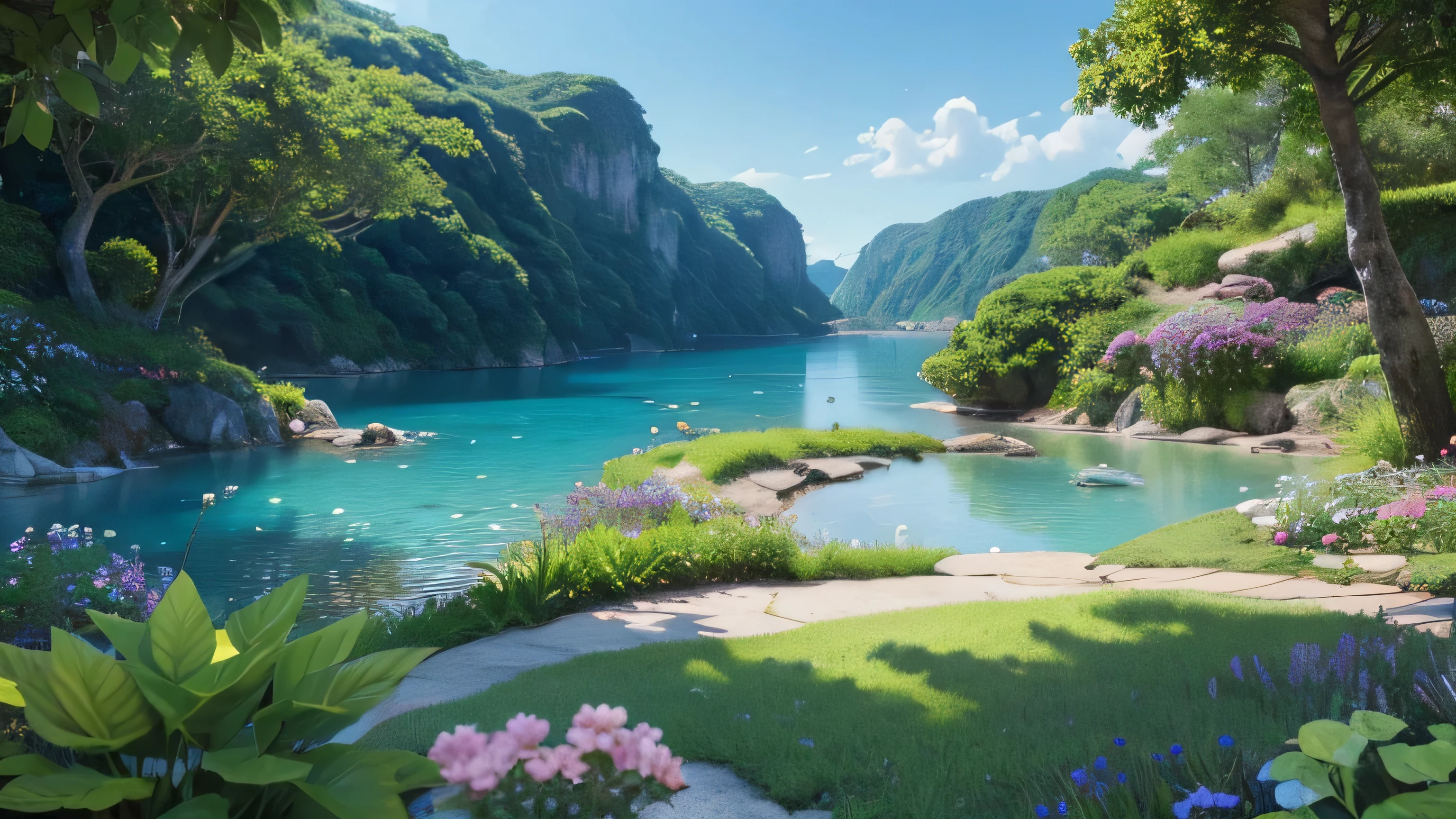 a beautiful intricate natural landscape, lush foliage, delicate flowers, serene blue ocean, detailed photorealistic 8k wallpaper, masterpiece illustration, best quality, ultra-detailed, exquisite lighting, stunning shadows, vibrant colors, natural environment