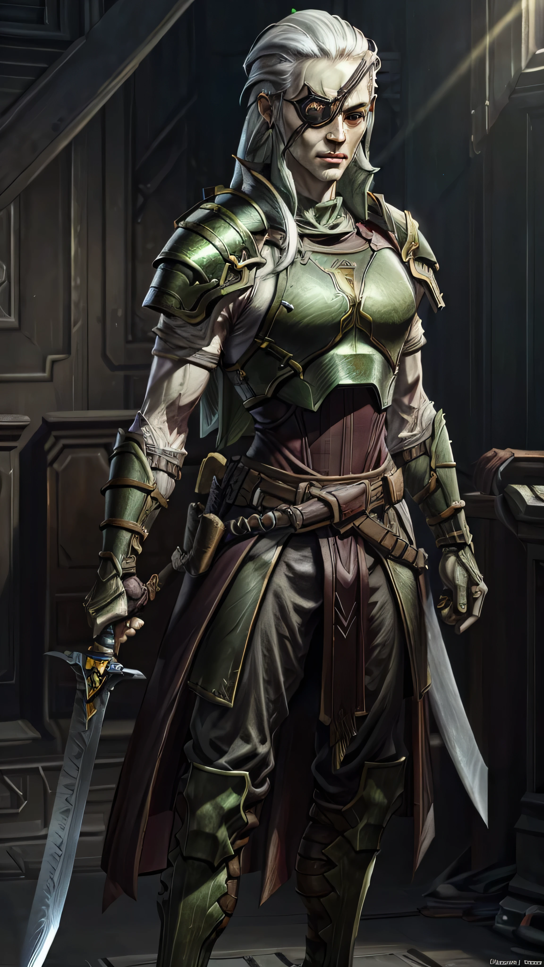 male, warrior general, pale skin, right-eyepatch, green armor, maroon guantlets, big sword, extremely detailed face, hyper realistic, award-winning, sharp, 8k resolution, cinematic lighting, best quality, masterpiece, photorealistic, physically-based rendering, vivid colors, HDR, professional, concept art