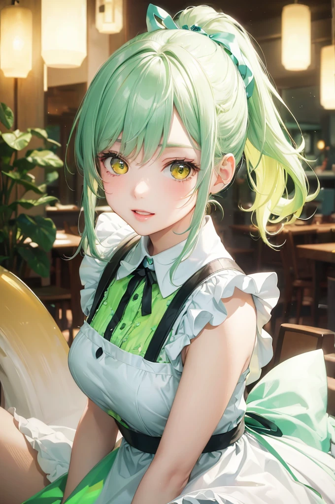 (Pastel color art style) (double exposure pastel color), (solo:2, 15 yo) (beautiful ponytail) (beautiful pastel green hair long hair) (fighter cute girl) (detailed cute yellow eyes) (best smile, glossy lip) (medium tits), in a pastel summer maid clothes with double exposure many green glow, break, in the Lounge, BREAK, perfect anatomy, masterpiece, best quality, 16k, beautiful detailed grow, daydreaming expression.