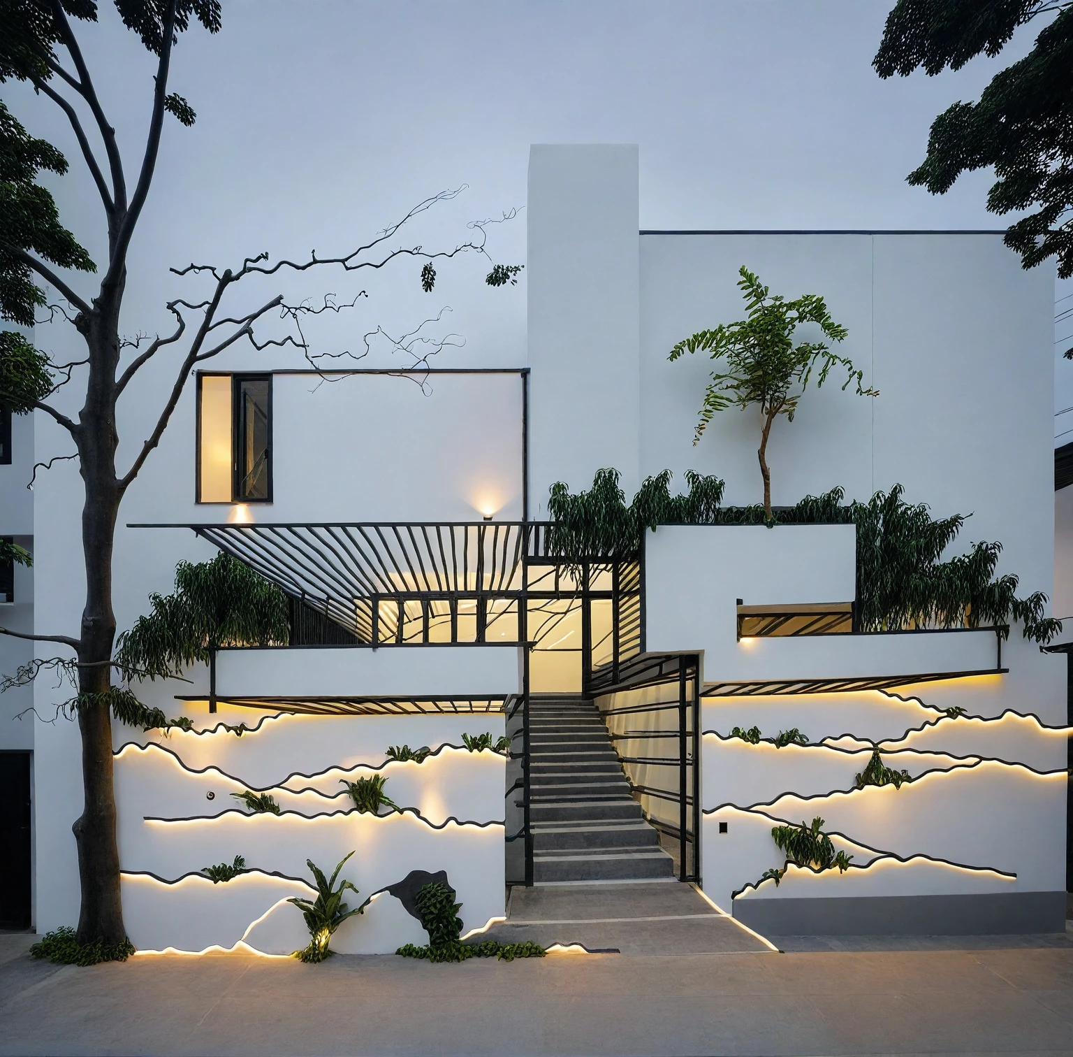 RAW photo, a photo of a modern house, white wall, steel dark gate, sidewalk, sidewalk trees, ((grey gate:1.2)), road, viet nam modern residence, ((architectural shot)), rough white wall, new residential area, wide angle exterior 2022, contemporary house, exterior photography, masterpiece, contemporary architecture, overcast, indirect lighting