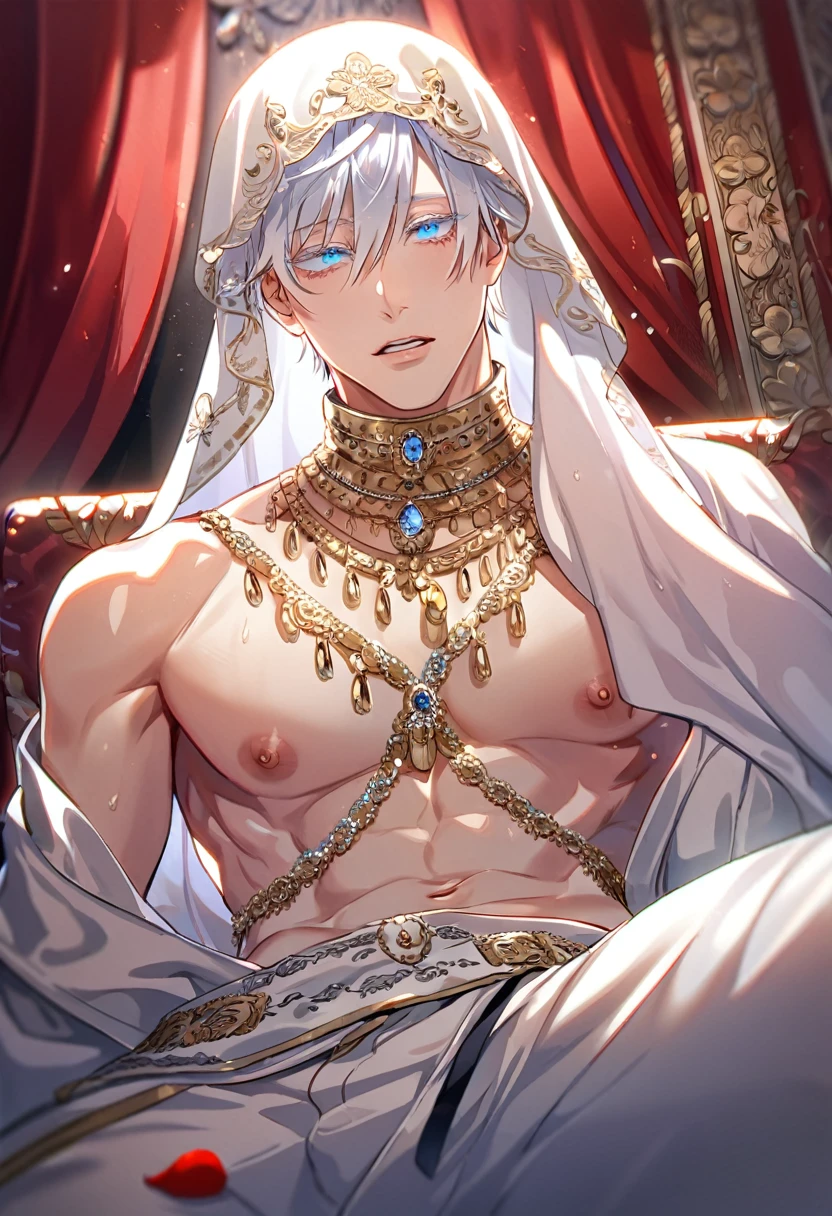 absurdres, highres, ultra detailed, HDR, master piece, best quality, perfect face, beautiful eyes, delicate features, Gojou Satoru, white hair, expressive blue eyes, white eyelashes, Jujutsu Kaisen, solo, sexy man, handsome, horny, erotic, bedlah clothes, white veil, white pants, luxurious room, bed, red curtains, petals, Nu Carnival