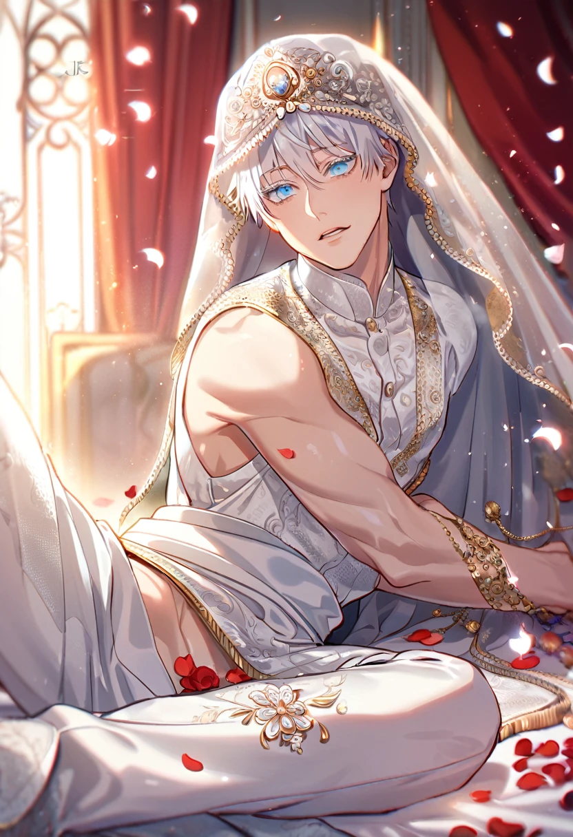 absurdres, highres, ultra detailed, HDR, master piece, best quality, perfect face, beautiful eyes, delicate features, Gojou Satoru, white hair, expressive blue eyes, white eyelashes, Jujutsu Kaisen, solo, sexy man, handsome, horny, erotic, bedlah clothes, white veil, white pants, luxurious room, bed, red curtains, petals, Nu Carnival