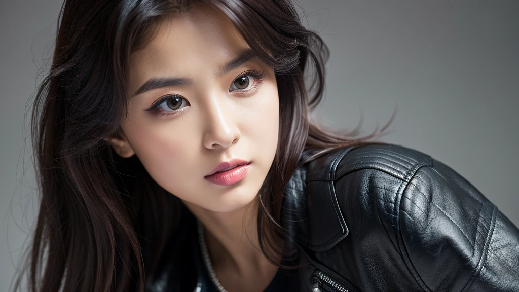 (Detailed face),vivid,Leather Rider's Jacket,4K,Ultra-high resolution,(Photorealistic:1.7),Gray background,Black long hair,