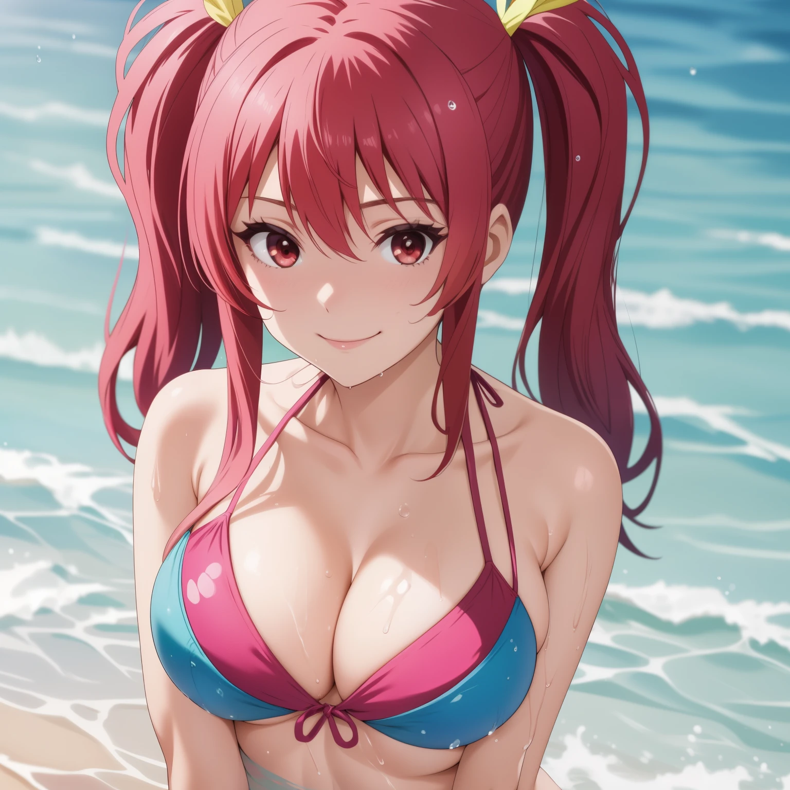 Stella Vermillion, Woman 25 years old, red hair with pigtails, Red eyes, flirtatious smile, big breasts, red and pink bikini, wet body, background a sunny beach. drops of water on his chest.