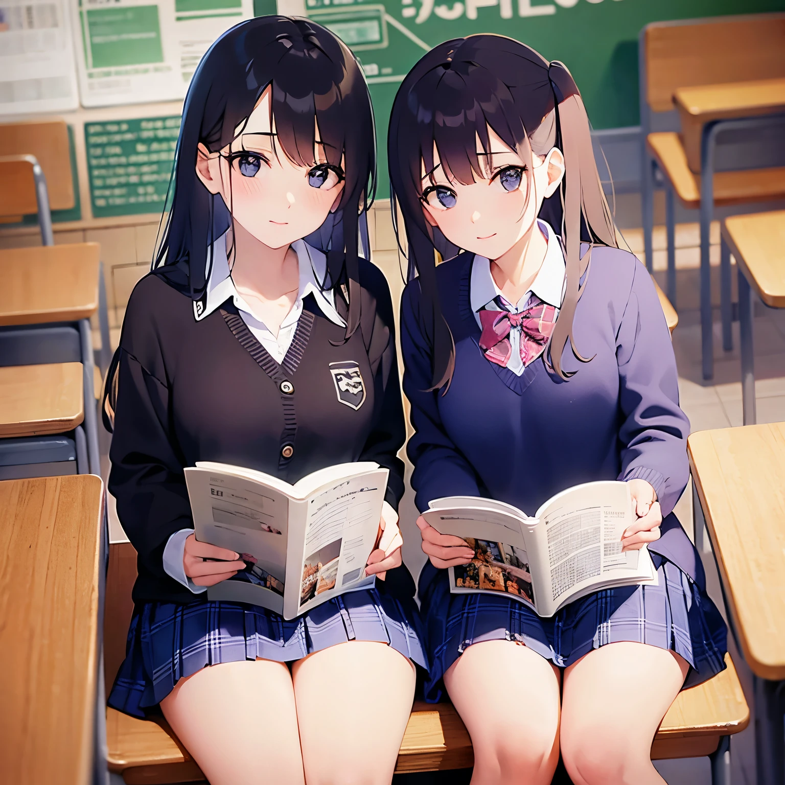Standing side by side reading a magazine2People high school girls、The background is the classroom