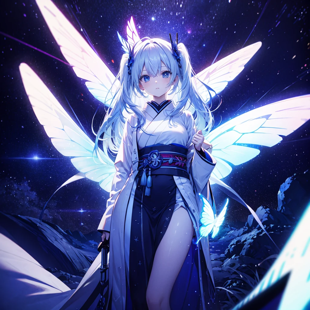 One woman,Archangel((Wings as magnificent as the galaxy,very mysterious,Close-up)) background(Cyber World) Serious expression,Looking diagonally upwards, pure white long hair,A neon colored butterfly blowing in the wind,Super Mysterious Japanese Anime Style