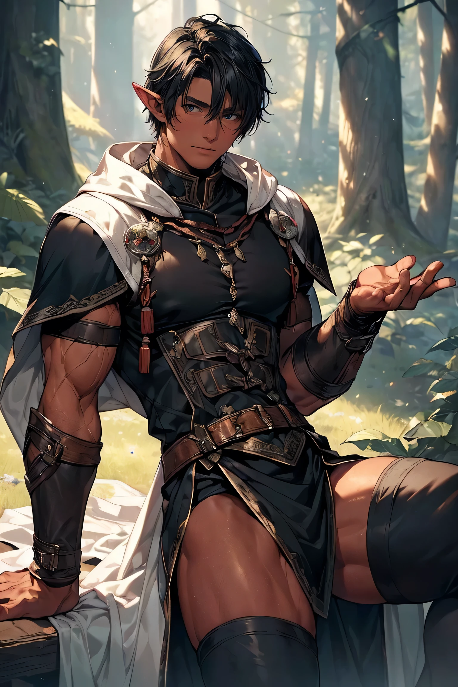 ((Masterpiece, ultra high definition, detailed, 8K)), 1 elf boy, Scandinavian, neutral, dark skin, Dimly lit forest in the background, ((Black mage style costume, very revealing)), twink, skinny, handsome face, gay erotic, raised sexy,