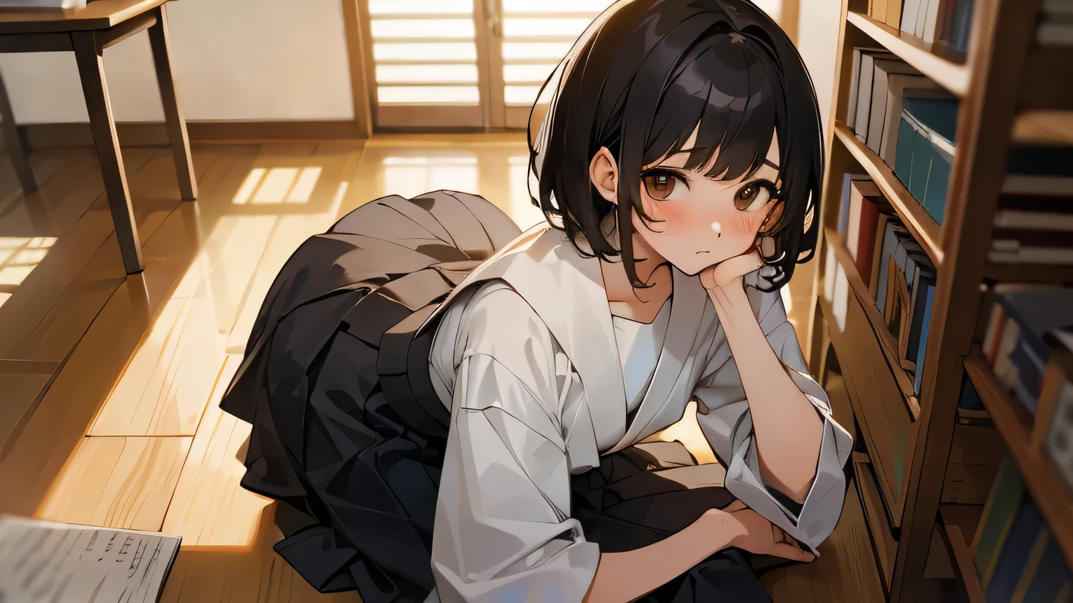 a white girl with short slightly curly black hair, brown eyes, and in a japanese school uniform sitting in a library looking at the viewer blushing