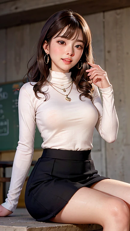 (On the table, best quality, high resolution, , Pixel Perfect, 4K,), 1 girl, single, Solitary, Beautiful woman、I can see the whole body.、 ((Medium-long wavy hair, Bangs, Brown hair)), ((Brown eyes, Beautiful eyelashes, Practical eyes)), ((Delicate face, blush:1.2)), ((Smooth texture:0.75, Practical texture:0.65, Practical:1.1, Anime CG style)), Medium breasts, Dynamic Angle, Perfect body, ((, Female teacher, , earrings、necklace、turtleneck sweater、、Black knee-high socks、Legs open、Flared skirt、Shy laugh、Sitting on the podium、Emphasize chest)), Finest、、、night、、(You can see blue and white lace、、(、)、From the angle from below)、