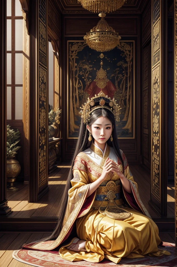 (best quality,4k,8k,highres,masterpiece:1.2),ultra-detailed,(realistic,photorealistic,photo-realistic:1.37),time travel,recall history,Tang Dynasty,royal court,intricate details,elegant robes,empress Wu Zetian,humble kneeling figure,vivid colors,portraits,stunning architecture,exquisite furnishings,detailed calligraphy,dramatic lighting,grandiose entrance,impressive courtiers,elaborate headdresses,elaborate embroidery,ornate jewelry,emperor's ornate throne,court musicians,aromatic incense,fine porcelain,court painters,beautiful gardens,speaking scrolls,celestial imagery,majestic scrolls,palace gates,magnificent palace,ceremonial rituals,dance performances,teahouse scene,traditional hairstyles,lotus ponds,serene atmosphere,rich tapestries,lantern-lit corridors