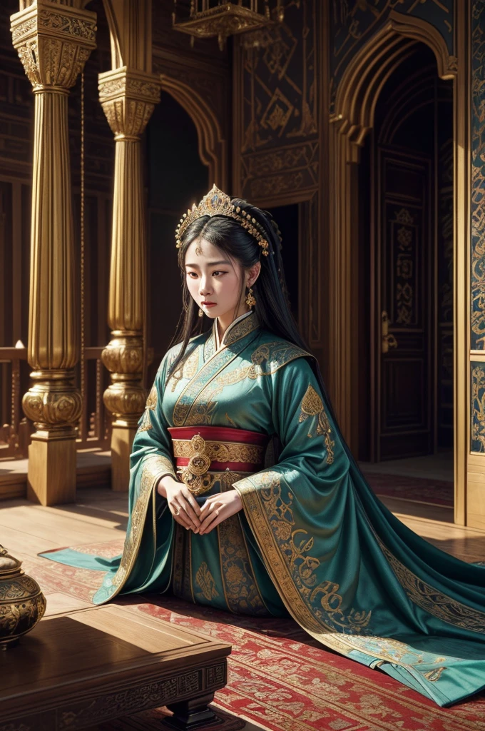 (best quality,4k,8k,highres,masterpiece:1.2),ultra-detailed,(realistic,photorealistic,photo-realistic:1.37),time travel,recall history,Tang Dynasty,royal court,intricate details,elegant robes,empress Wu Zetian,humble kneeling figure,vivid colors,portraits,stunning architecture,exquisite furnishings,detailed calligraphy,dramatic lighting,grandiose entrance,impressive courtiers,elaborate headdresses,elaborate embroidery,ornate jewelry,emperor's ornate throne,court musicians,aromatic incense,fine porcelain,court painters,beautiful gardens,speaking scrolls,celestial imagery,majestic scrolls,palace gates,magnificent palace,ceremonial rituals,dance performances,teahouse scene,traditional hairstyles,lotus ponds,serene atmosphere,rich tapestries,lantern-lit corridors