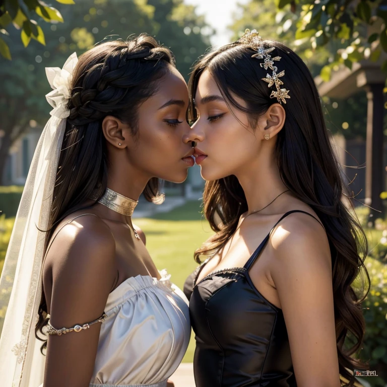 (masterpiece, best quality:1.5), highest quality, High resolution, super detailed, Realists, Upper body photo of a black young girl, dark skin, detailed and beautiful eyes, beautiful detailed lips, very detailed eyes and face, longeyelashes, Jubge girls short dress made of shiny satin fabric, Beautiful and colorful makeup, elegant and noble々Pose,shiny satin headband, grind, Holding flowers, Gardens as background, soft daylight, bright colors, fine brushstrokes, Portrait style, Noble details in the dress fabric, beautiful color palette, glowing skin, First-class rendering, that captures every detail, enchanting atmosphere, subtle shadows and lights, (perfect anatomy:1.2), (The two stunning young girls are deeply in love, (kiss:1.2), (magnificent panorama view:1.2)