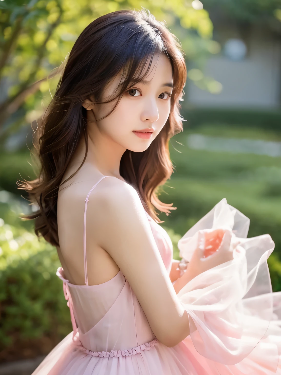 Fashion model photography, 8K RAW Photos:1.5, Ballet Dress, Strong design sense, Medium Shot, Japanese girl, short hair, hair accessory, Delicate skin, smile, Simple Background, High quality texture, Glare Backlight, Professional Studio Lighting, Random Pause,