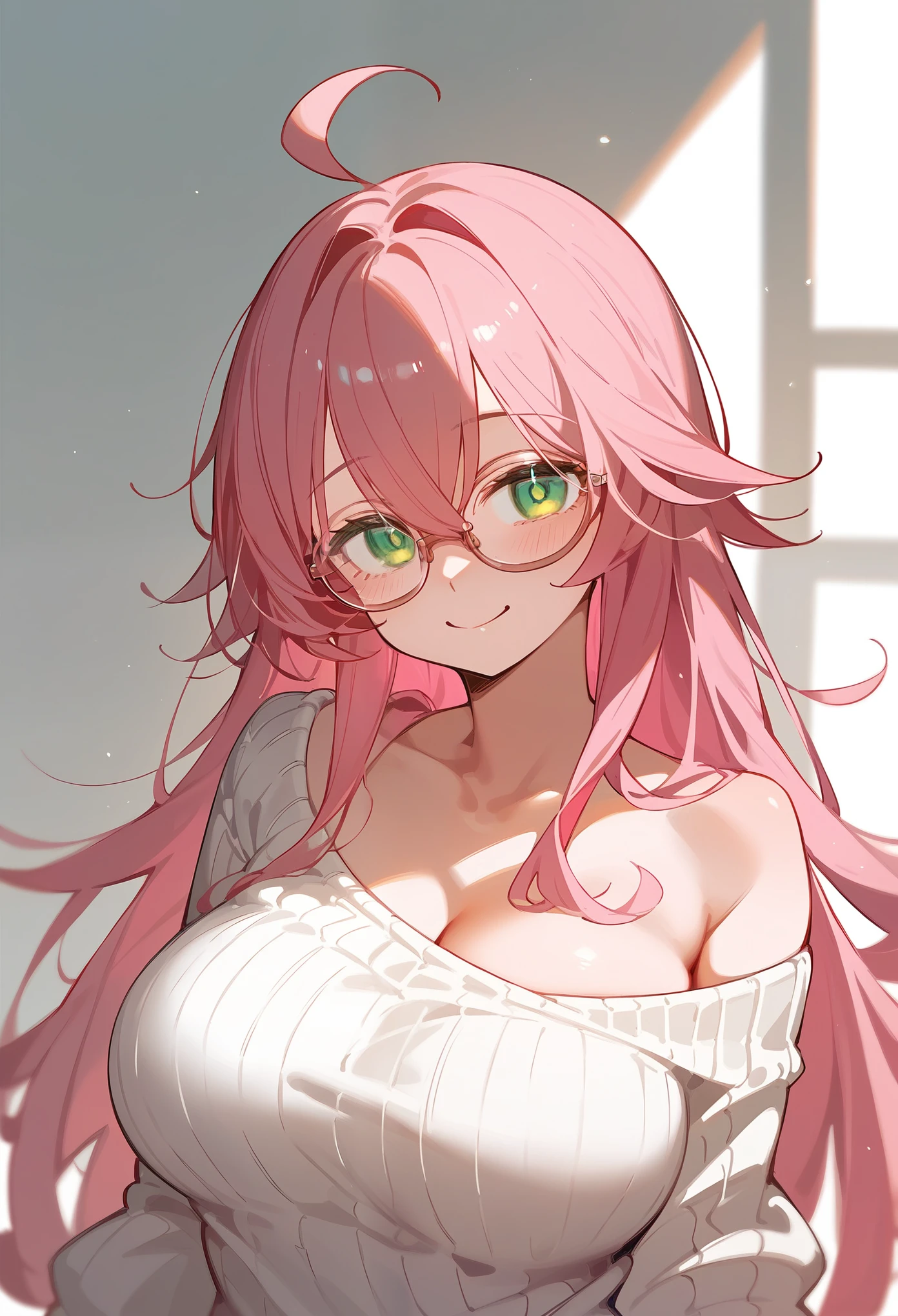 One Woman、Big Breasts、Pink Hair、Long Hair、Straight Hair、Ahoge、Kind older sister、Pink small glasses、Green Eyes、smile、Droopy eyes、Background home bedroom、Open chest knit sweater