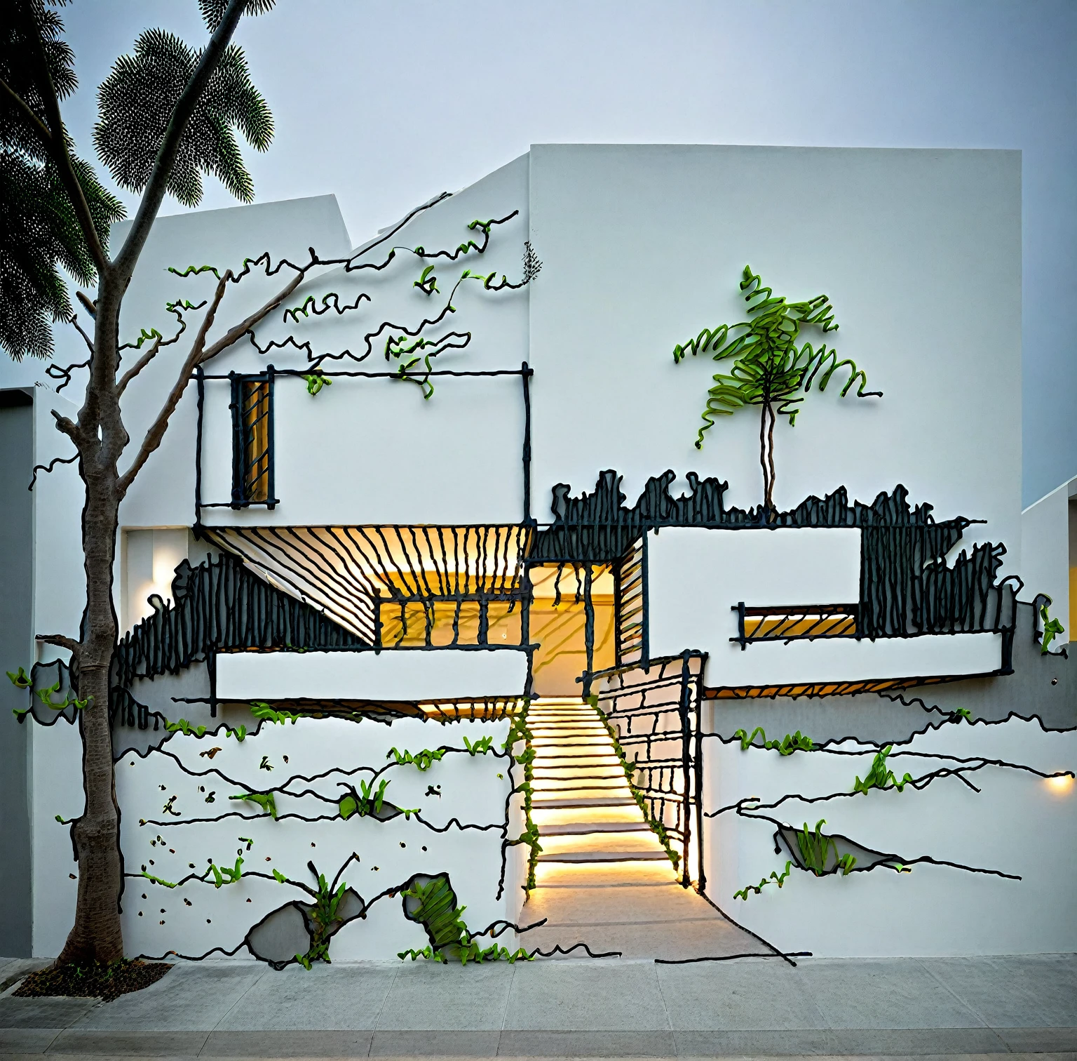 RAW photo, a photo of a modern house, white wall, steel dark gate, sidewalk, sidewalk trees, ((grey gate:1.2)), road, viet nam modern residence, ((architectural shot)), rough white wall, new residential area, wide angle exterior 2022, contemporary house, exterior photography, masterpiece, contemporary architecture, overcast, indirect lighting