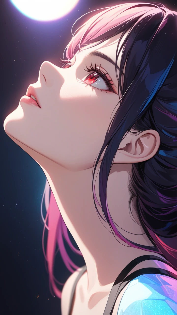 masterpiece, best quality:1.3, 1girl, moon dress, looking up ,moon , from side, detailed face, red eyes, beautiful detailed lips, long eyelashes, delicate facial features, expressive face, detailed skin texture, moonlight lighting, vibrant colors, cinematic lighting, soft focus, prismatic, holographic,chromati caberration,