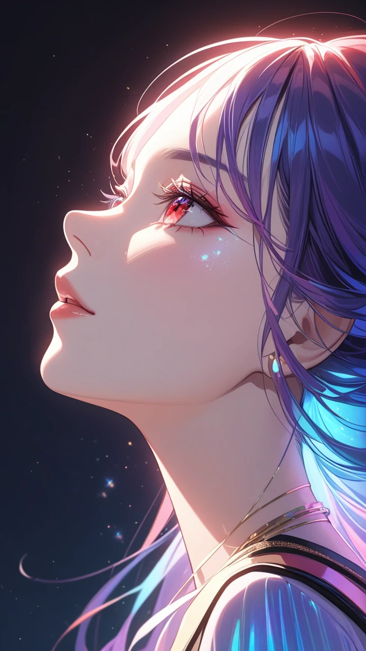 masterpiece, best quality:1.3, 1girl, moon dress, looking up ,moon , from side, detailed face, red eyes, beautiful detailed lips, long eyelashes, delicate facial features, expressive face, detailed skin texture, moonlight lighting, vibrant colors, cinematic lighting, soft focus, prismatic, holographic,chromati caberration,