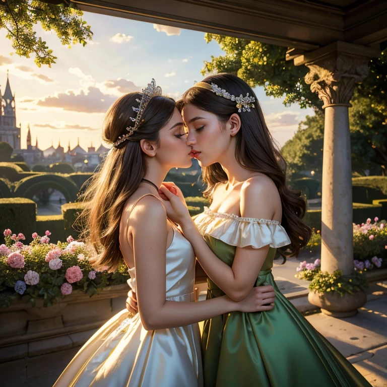 (masterpiece, best quality:1.5), highest quality, High resolution, super detailed, Realists, Upper body photo of a brunette young girl, detailed and beautiful eyes, beautiful detailed lips, very detailed eyes and face, longeyelashes, Jubge girls short dress made of shiny satin fabric, Beautiful and colorful makeup, elegant and noble々Pose,shiny satin headband, grind, Holding flowers, Gardens as background, soft daylight, bright colors, fine brushstrokes, Portrait style, Noble details in the dress fabric, beautiful color palette, glowing skin, First-class rendering, that captures every detail, enchanting atmosphere, subtle shadows and lights, (perfect anatomy:1.2), (The two stunning young girls are deeply in love, (kiss:1.2), (magnificent panorama view:1.2)