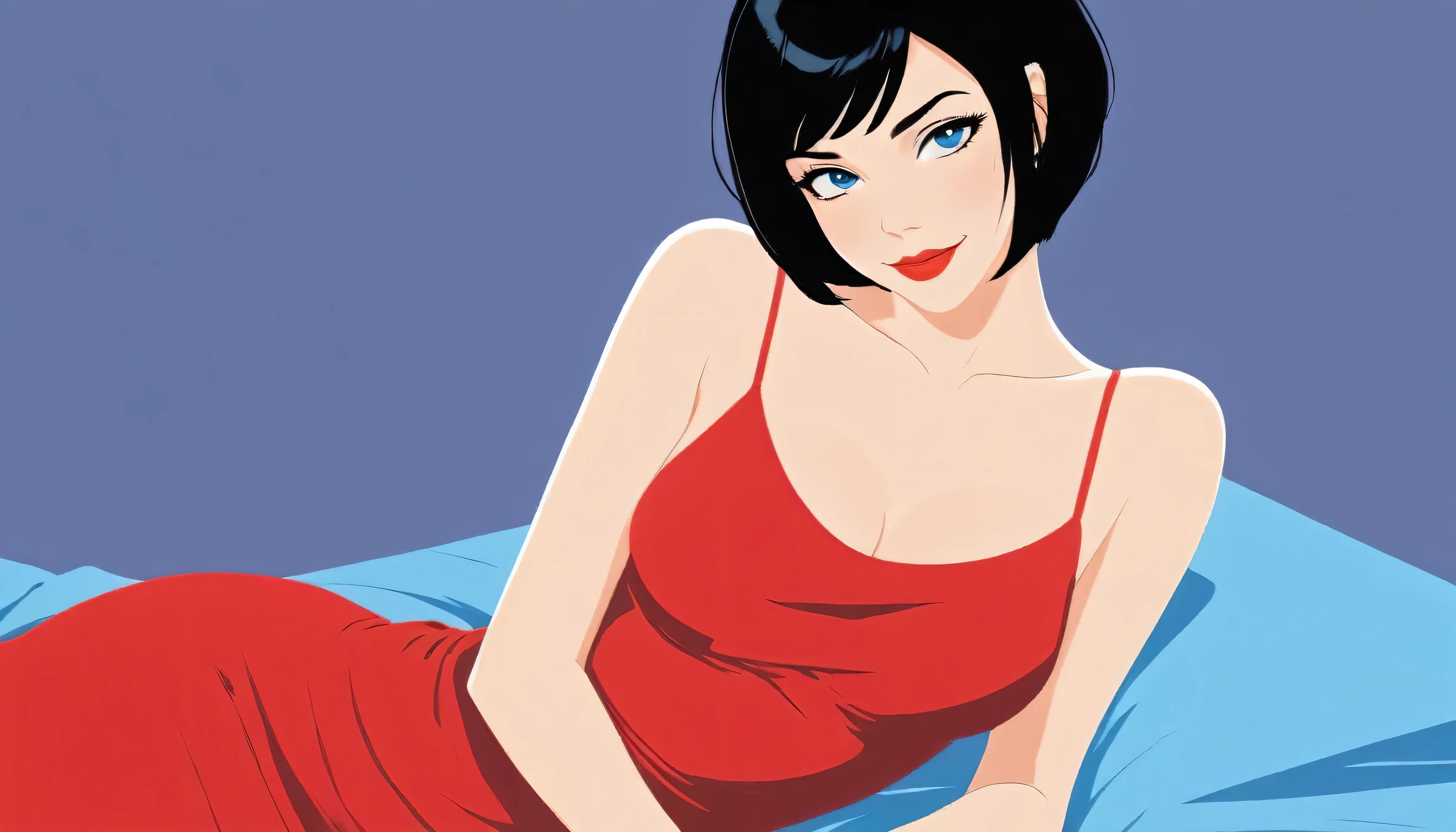 Vector illustration, girl, cleavage, minimalist, flat color , A Female with bob black haircut with blue eyes and Red lips, bare shoulders, red dress, taut dress, spaghetti strap red dress, sleeveless, medium breast, lying on side, on her blue sheet bed in her bedroom, 1 girl, solo, close up portrait, looking at viewers, seductive smile