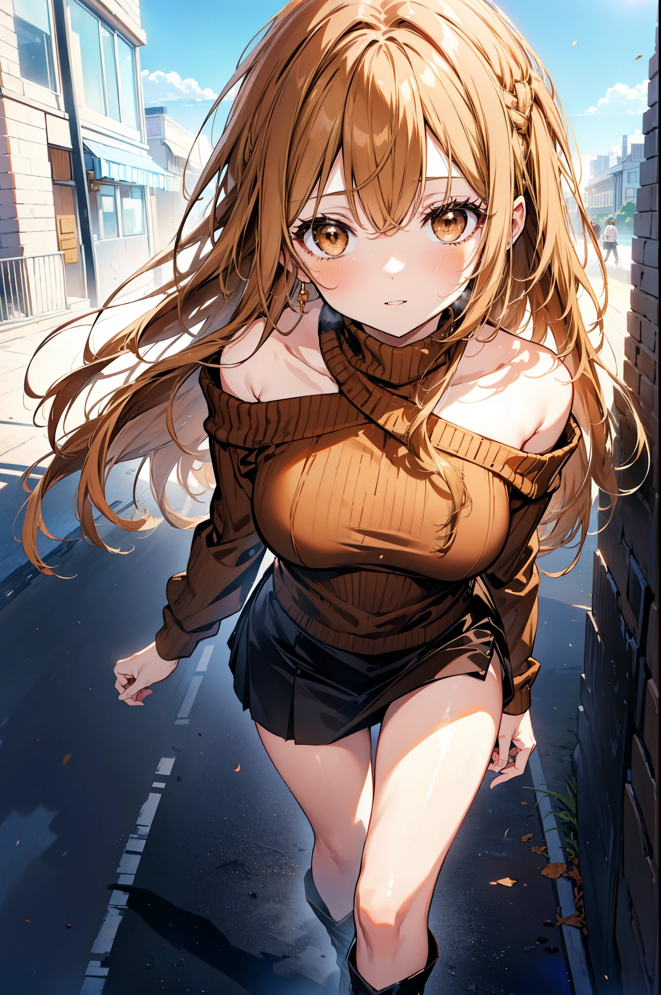 Game , goddess of victory nikke, Rapi , light brown hair,  alluring eyes ,beautiful face , crystal red eyes ,  long hair ,sweater shirt, cream colour shirt, trousers, cheerful eyes, ,g cup breast, slender waist, bewitching thighs, , five fingers each hand, two hand ,two leg , in town, date, hunch over, standing, beautiful, high heels, night life