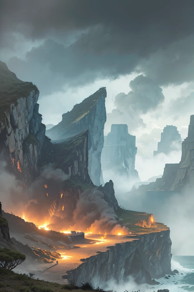 1 large island with cliffs on the shores, a destroyed plane in the background, dramatic lighting, cinematic composition, epic landscape, moody sky, stormy ocean, rugged terrain, overgrown vegetation, worn and weathered plane, dramatic lighting, dramatic shadows, cinematic atmosphere, photorealistic, highly detailed, 8K, 32 bit color depth