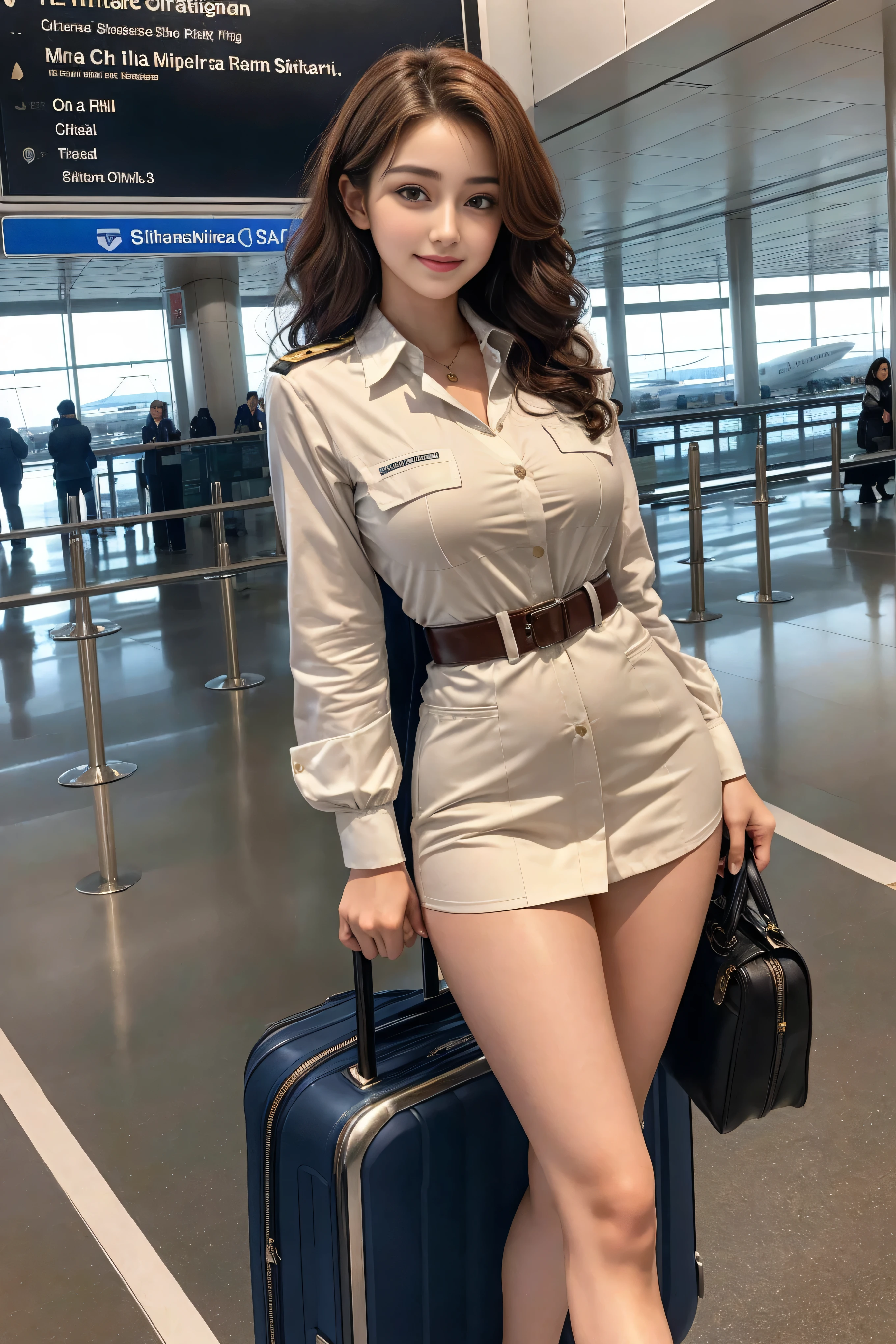 Top quality? masterpiece, 8K, Ultra-high resolution, (Practical: 1.4), 1 girl, Beautiful expression, Symmetrical eyes, Brown curly hair,sparrow, Perfect body proportions, Airline stewardess, cleveage, Looking at the audience, (at the airport: 1.2), Long legs (1.3), a smile