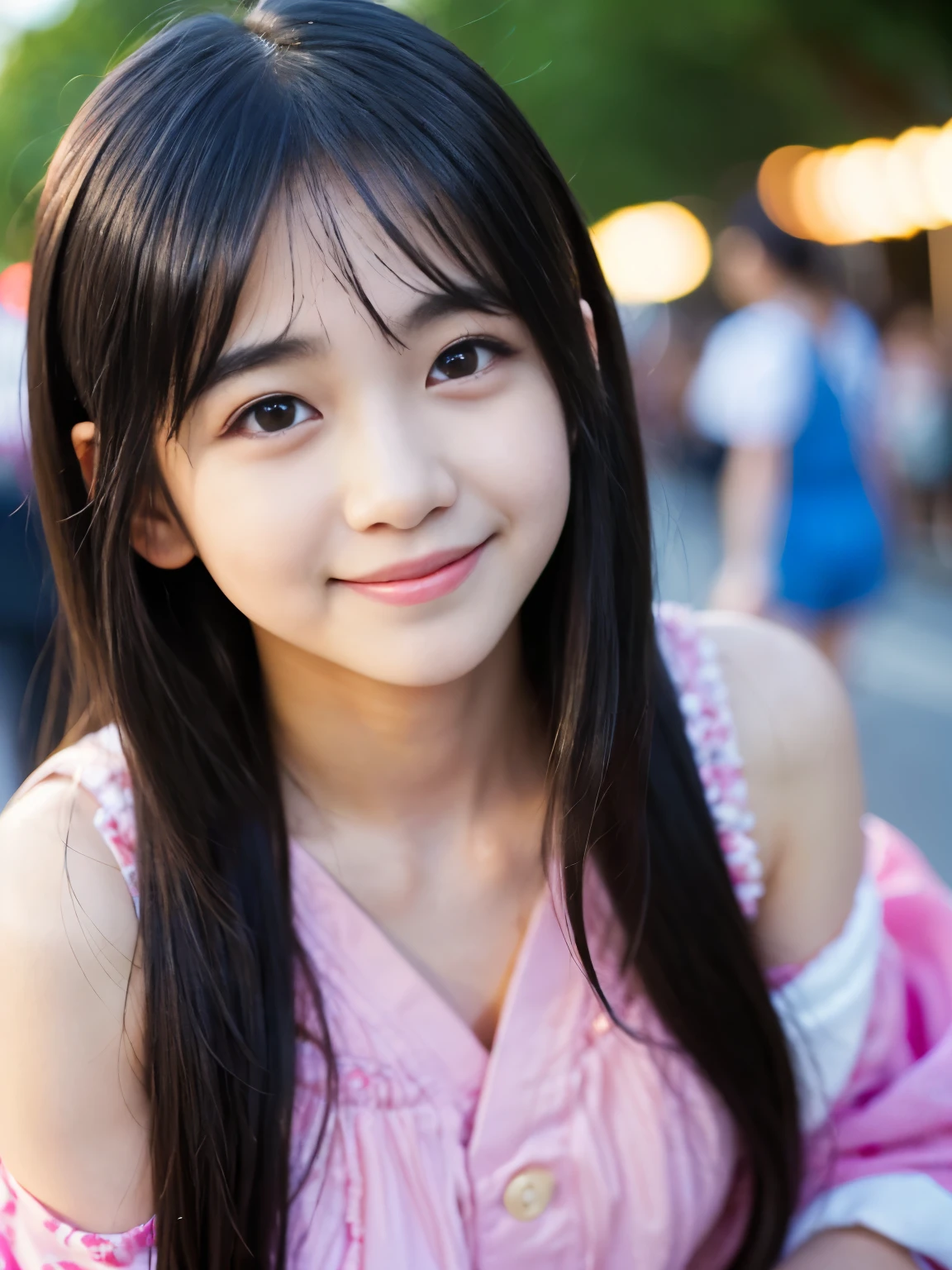 (Best-quality, Masterpiece, Ultra-High-Resolution, (Photorealistic:1.4), Raw Photo, depth of field, professional lighting), (1girl, the most famous 15-years-old Japanese-idol, having fun at Japanese summer festival, booty-pose), (wearing summer-clothes), ((extremely cute and extremely realistic face like the most popular Japanese-idol), (((extremely cute and extremely big black-eyes))), extremely cute lips, extremely cute long-eyelashes, ((extremely cute and extremely realistic skins))), (((innocent smile))), (((extremely beautiful black-long-hair)))