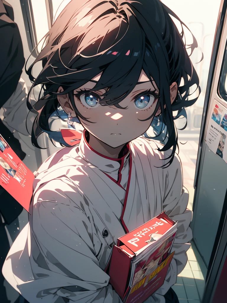 (Highest quality、masterpiece、High resolution、detailed), 1 girl, alone, (Depressed face)、Very beautiful eyes,(Shining Eyes、detailed美しい顔)､  (Holding a flyer)、White pink color scheme, 最もdetailed、standing inside the train、(Highest quality、masterpiece、High resolution、detailed)、Cute Anime、Pop and bright background
