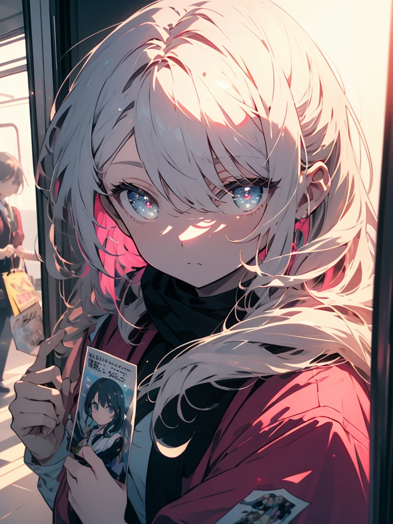 (Highest quality、masterpiece、High resolution、detailed), 1 girl, alone, (Depressed face)、Very beautiful eyes,(Shining Eyes、detailed美しい顔)、 (Holding a flyer)、White pink color scheme, 最もdetailed、standing inside the train、(Highest quality、masterpiece、High resolution、detailed)、Cute Anime、Pop and bright background