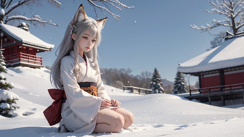 A close-up illustration of a 20-year-old fox girl, featuring fox ears, tail, and subtle fur accents, sitting gracefully in the snow. She has a peaceful expression, with her traditional kimono blending into the snowy background. The snow glistens softly under the muted winter light. Created Using: delicate brush strokes, anime style, Studio Ghibli-inspired, soft color gradients, intricate detailing, natural shadows, winter ambiance, traditional Japanese art influences --v 6.0