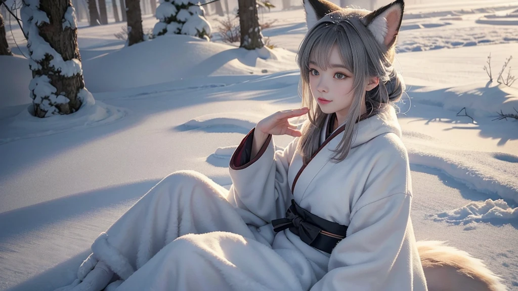  A close-up illustration of a 20-year-old fox girl, featuring fox ears, tail, and subtle fur accents, sitting gracefully in the snow. She has a peaceful expression, with her traditional kimono blending into the snowy background. The snow glistens softly under the muted winter light. Created Using: delicate brush strokes, anime style, Studio Ghibli-inspired, soft color gradients, intricate detailing, natural shadows, winter ambiance, traditional Japanese art influences --v 6.0
