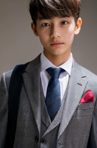 13 year old male wearing tie and lomg sleveed  button up with blazer and vest with dress pants and belts
4K HIGH REZ 

Physical Description: Brown colored hair and skinny build. 5"5 and 150 LB. Blue eyes. 

.