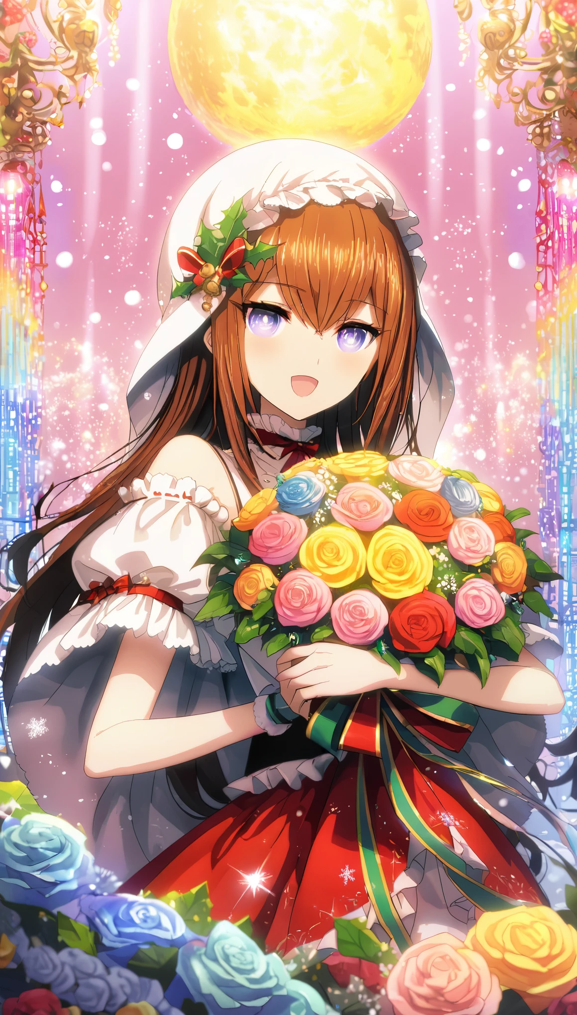 One girl, makise kurisu, Stein;Gate,Absurd,High resolution,Ultra-detailed,With a girl、red and green christmas wreath background、（Santa Costume：1.8）、Laughter：1.0、 Detailed Background、Laughing with your mouth open、Beautifully detailed、Haze、colorful、marble、Particles of light、pattern、Turn left、Shirayuki Noel、Snowflake、 Detail view、Vibrant colors、Striking contrast、Intricate details、delicate depiction、Illuminate、Whole Body Ezbian、From the side、Beautiful Faces、Light-colored eyes、複雑でdelicateな装飾品を身に着ける、Shining Aura、Shiny Hair,Illuminated by the morning light、red and green christmas wreath、、Sparkling eyes、Laughter、Shine、shine、Mitsu、bouquet、Pink Background、、Transparency、Are standing、Hyper Detail, delicateなディテール, Intricate details, Cinematic light, 最high qualityのバックライト, High Contrast, Best lighting, 非常にdelicateで美しい, Cinematic light、Ray-traced Reflections、shine、Shining Aura、Shiny Hair、The Ultra-detailed、In 8K,Tabletop, high quality, hcnone, Pixel art, One Girl,Absurd解決策、High resolution、Ultra-detailed、(1 Female:1.3)、Laughter：1.3、Looking at the audience、pattern、、colorful、it has been、dreamily cute、With paddle、Haze、Watercolor(curly)、****ta Fashion、 pastel colour、Candy Pastel、Pastel glaze、The focus is on people、Tabletop, 最high quality, high quality, High resolution, high qualityの質感, high qualityの影, Attention to detail, Beautiful details, Fine details, Highly detailed CG, , colorful , delicate, Cinematic Light, Side light, Lens flare, Ray Tracing,(超High resolution, masterpiece, 最high quality,High resolutionRAWカラーアート)