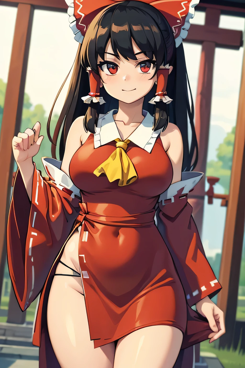 (work of art, offcial art), 1 girl, standing alone, thick, curved, curved, Bblack hair, eyes black, side locks, (Reimu Hakurei:1.2), (shrine maiden dress), (close up), portraite, (medium breasts), standing, view from the front, hinterland, lighting sun, looking ahead at viewer, (trunk), ssmile, seducer, attractive costume, open shoulders, Scrawny, slim