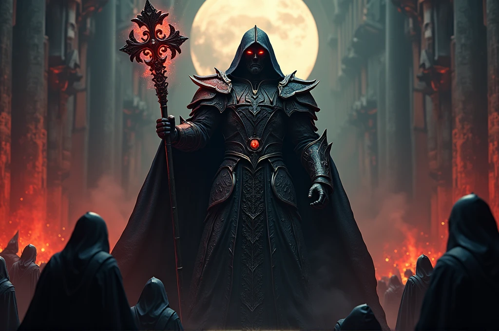Epic, close-up shot of the Dark Lord: a towering figure in dark, elaborate armor, with glowing red eyes and a sinister aura. Holding a staff with dark energy emanating from it. Surrounding minions bowing in reverence. Realistic, menacing, and commanding presence, highlighting the ultimate power behind the dark forces.
