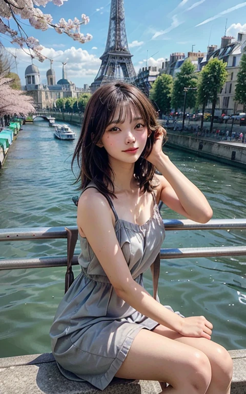 A young, athletic woman sits on a bench along the Seine River, taking a moment to rest. She wears a comfortable yet stylish summer dress and holds a reusable water bottle. The Eiffel Tower can be seen in the distance, and the iconic Notre Dame Cathedral towers over the city. The river glistens in the afternoon sun, reflecting the colorful buildings on the banks. Cherry blossoms are scattered on the ground, creating a romantic atmosphere. The woman's hair, slightly tousled by the breeze, frames her face as she looks out at the river. Focus on capturing the natural light and shadows, and pay attention to the details of the city architecture and the woman's clothing.
